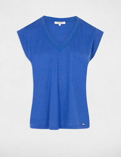 T-shirt manches courtes à col en V bleu electrique femme