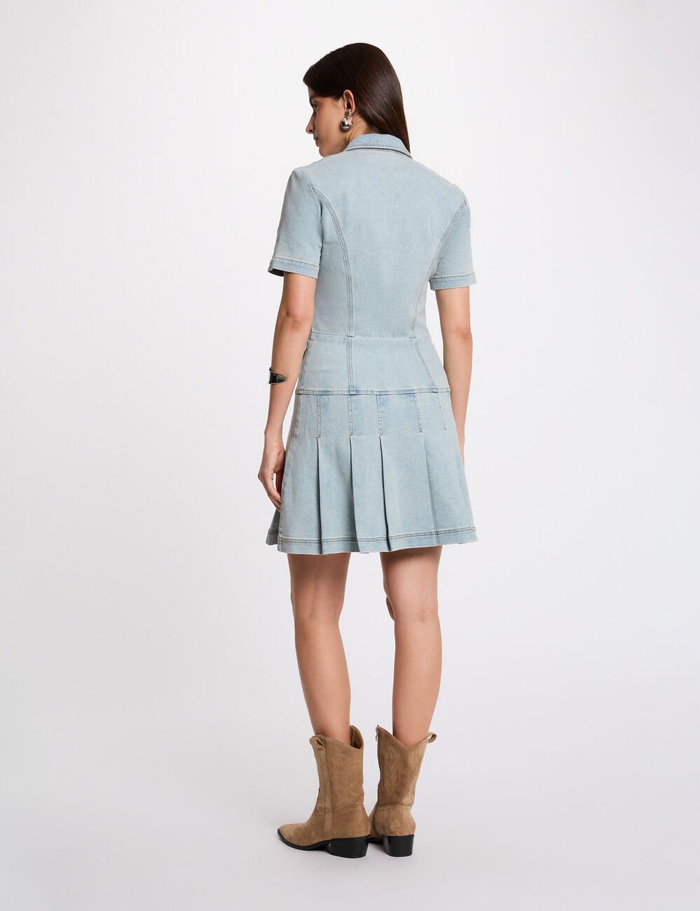 Robe courte trap&egrave;ze en jean denim bleach femme