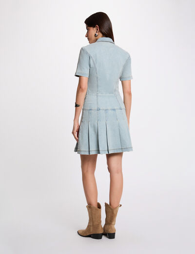 Robe courte trap&egrave;ze en jean denim bleach femme