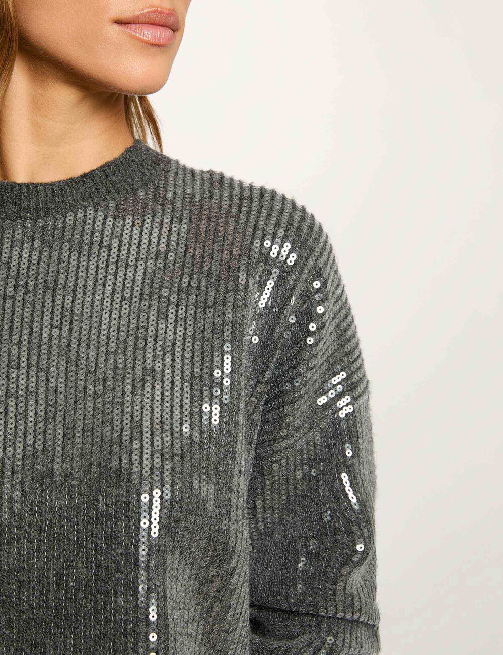 Pull sequins col rond gris foncé femme