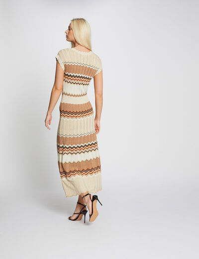 Robe pull longue droite &agrave; rayures marron cognac femme