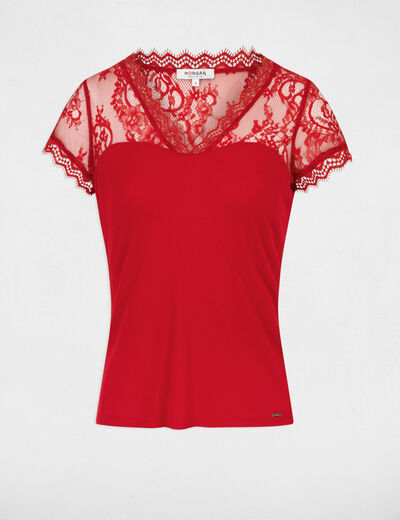 T-shirt met korte mouwen van kant rood vrouw