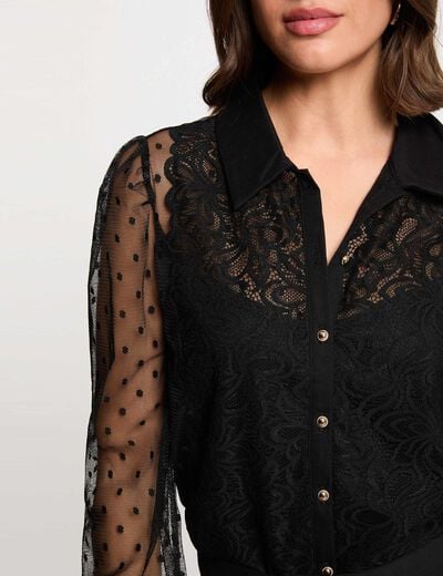 T-shirt met lange mouwen en kant zwart vrouw