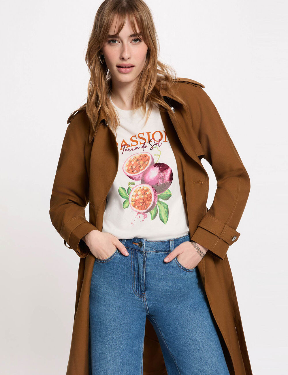 Lange trench met ceintuur camel vrouw