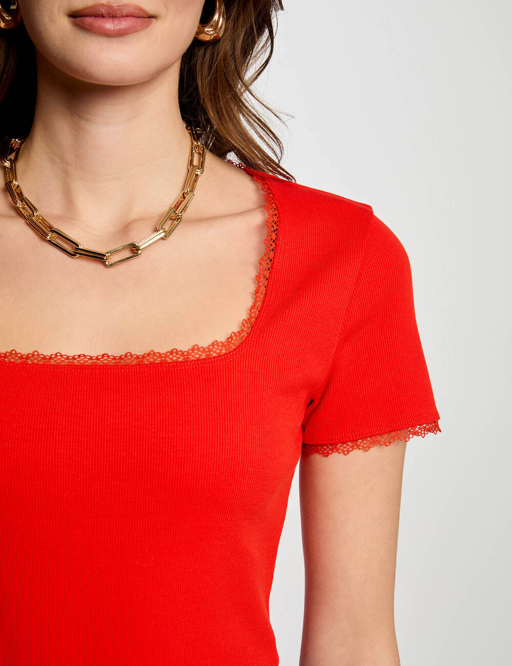 T-shirt korte geribbelde mouwen oranje vrouw