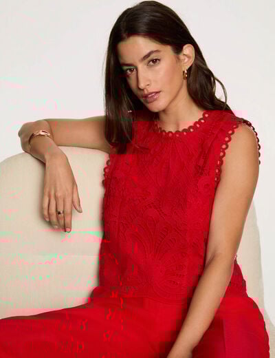 Mouwloze kanten top met print rood vrouw