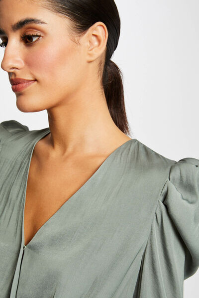 Blouse manches longues col cache-coeur vert moyen femme
