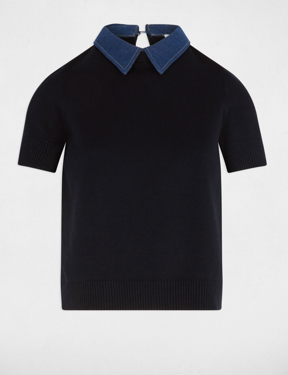 Korte trui met blousekraag marineblauw vrouw