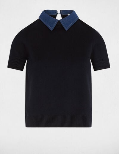 Pull court col chemise bleu marine femme