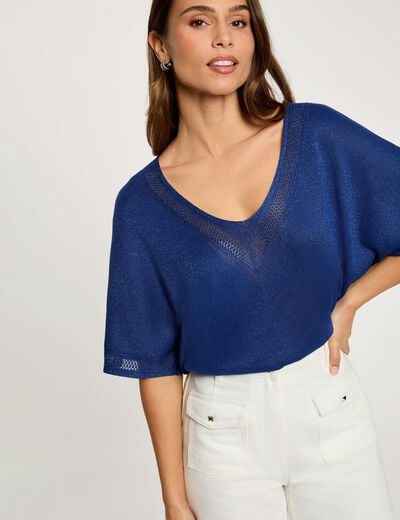 Trui V-hals en korte mouwen marineblauw vrouw