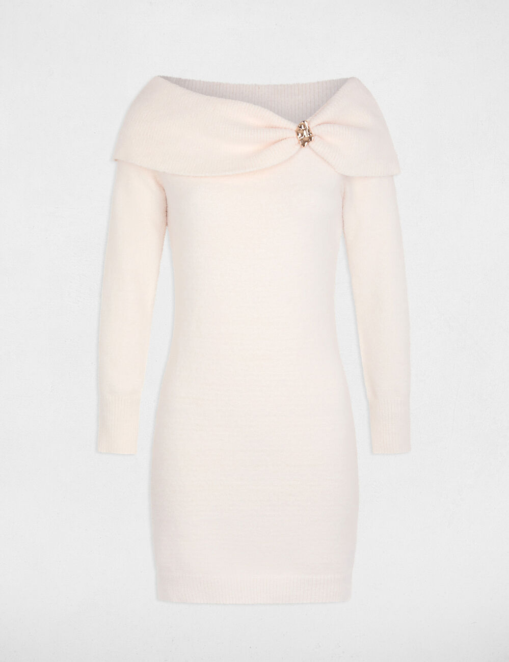Gebreide jurk met bardotkraag ivoor vrouw