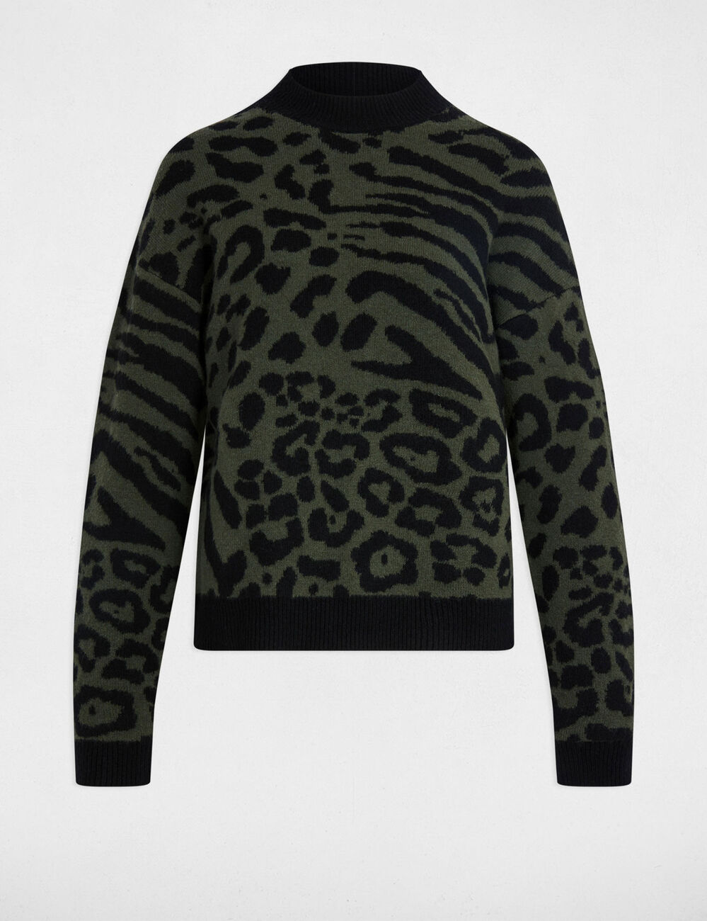 Pull court jacquard vert kaki femme