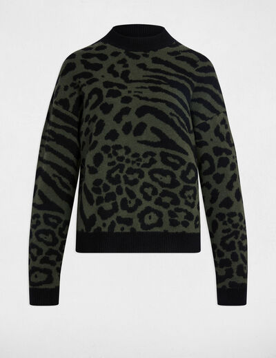 Pull court jacquard vert kaki femme