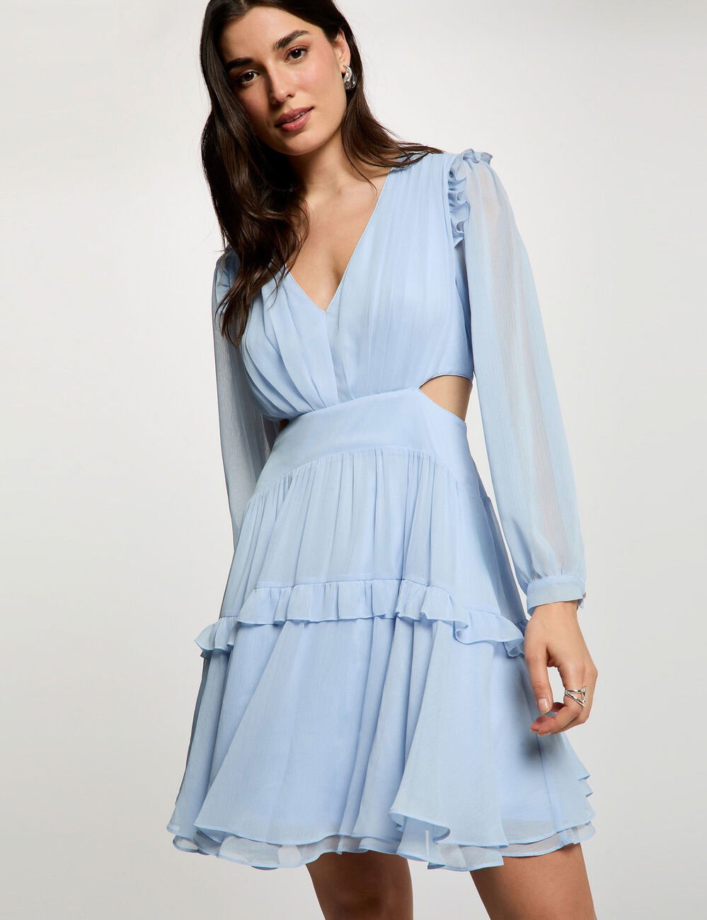 Korte aansluitende jurk met V-hals hemelsblauw vrouw