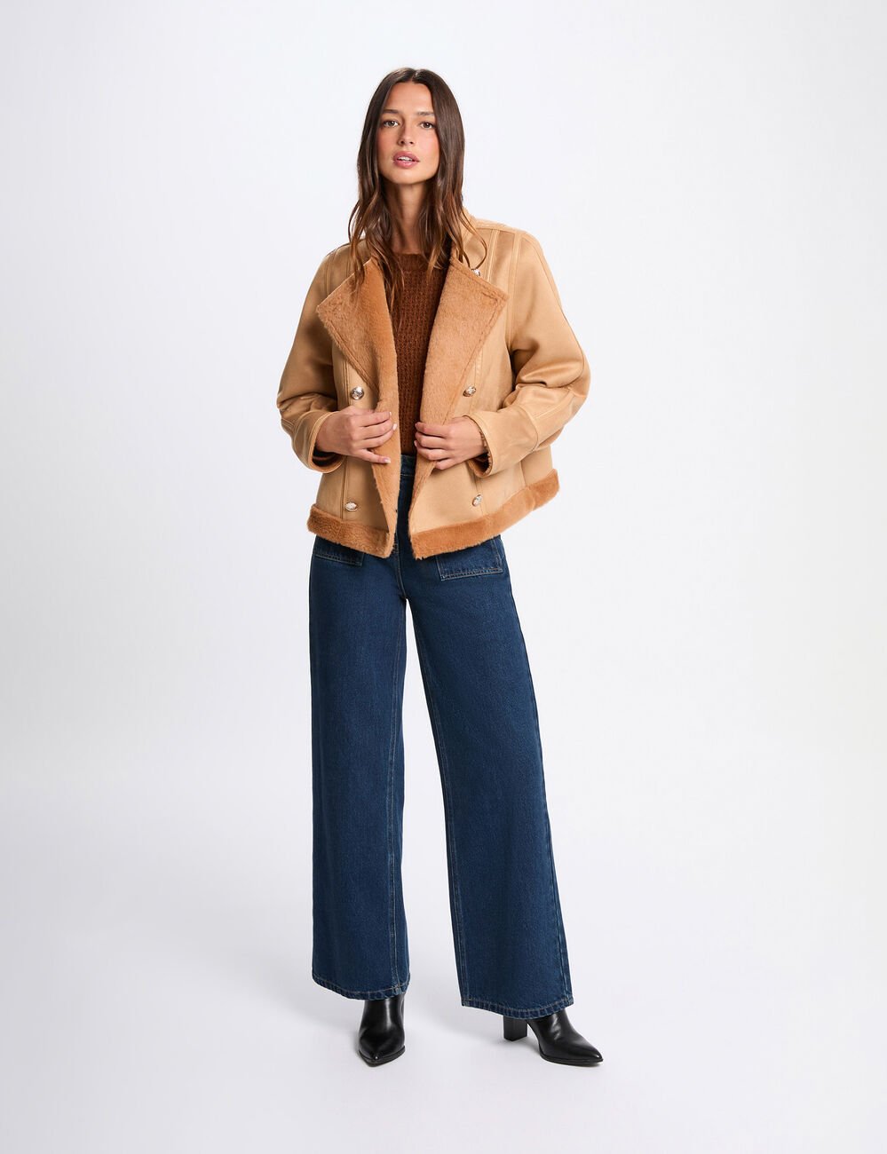 Veste courte peau lainée marron cognac femme