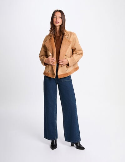 Veste courte peau lainée marron cognac femme