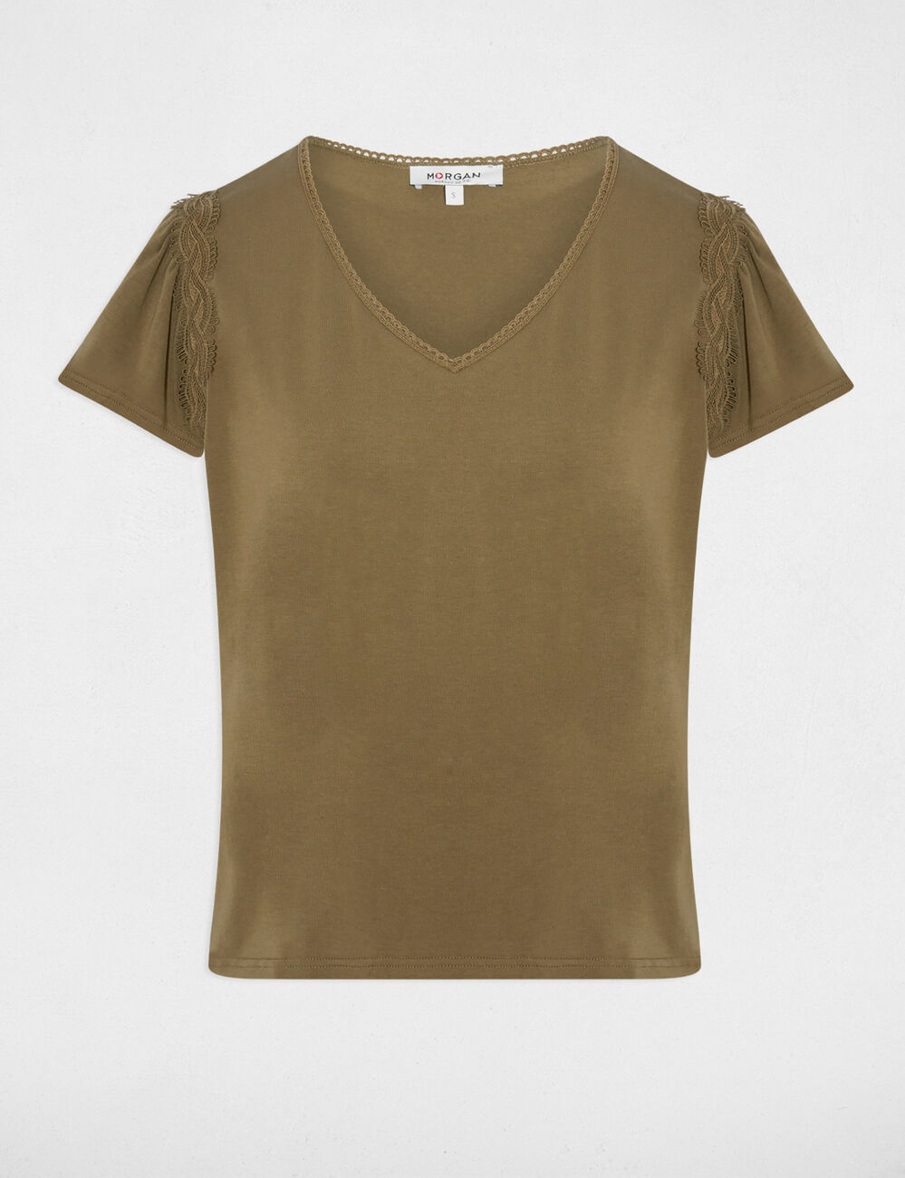 T-shirt col v volants vert kaki femme