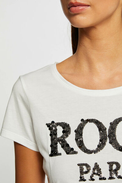 T-shirt met korte mouwen en opschrift zwart vrouw