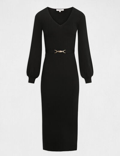 Robe tricot longue ajust&eacute;e &agrave; ornement noir femme