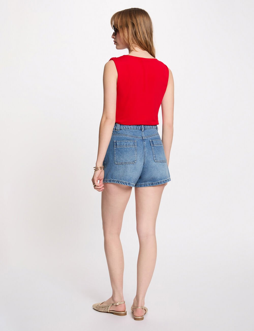 T-shirt col b&eacute;nitier rouge femme