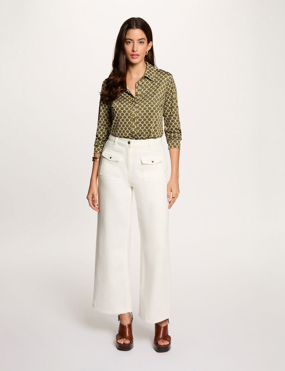 Chemise col &agrave; revers vert kaki femme