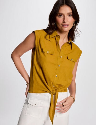 Mouwloze blouse mosterd geel vrouw