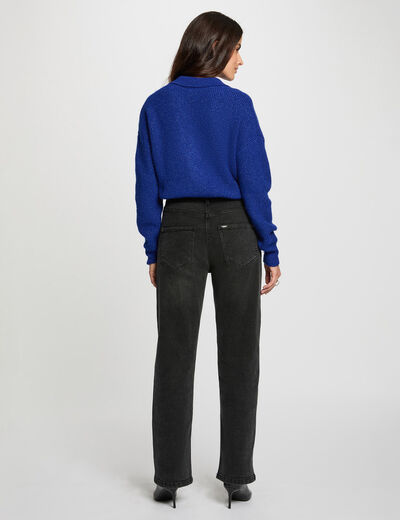Pull court col à revers bleu pétrole femme