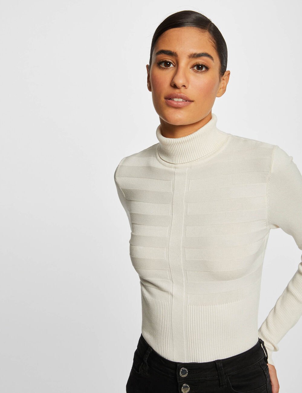 Pull manches longues &agrave; col roul&eacute; ivoire femme