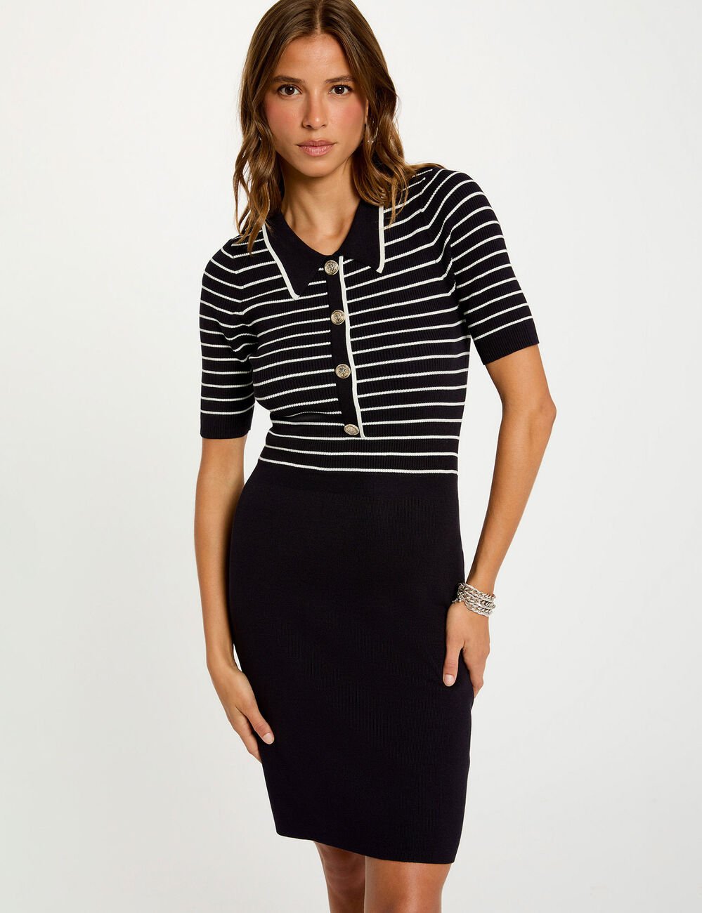 Robe tricot courte rayée bleu marine femme