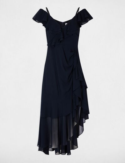 Robe midi droite volants bleu marine femme