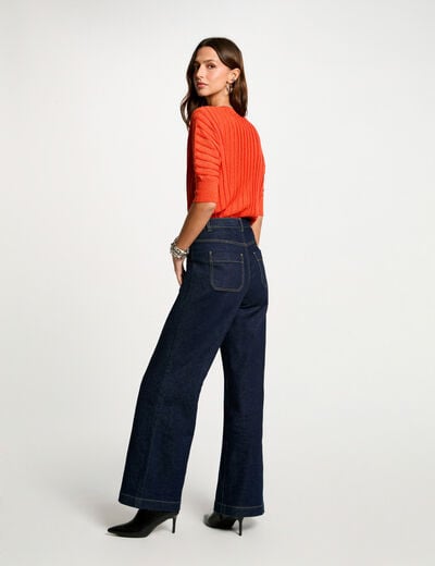 Pull manches 3/4 col en V orange foncé femme