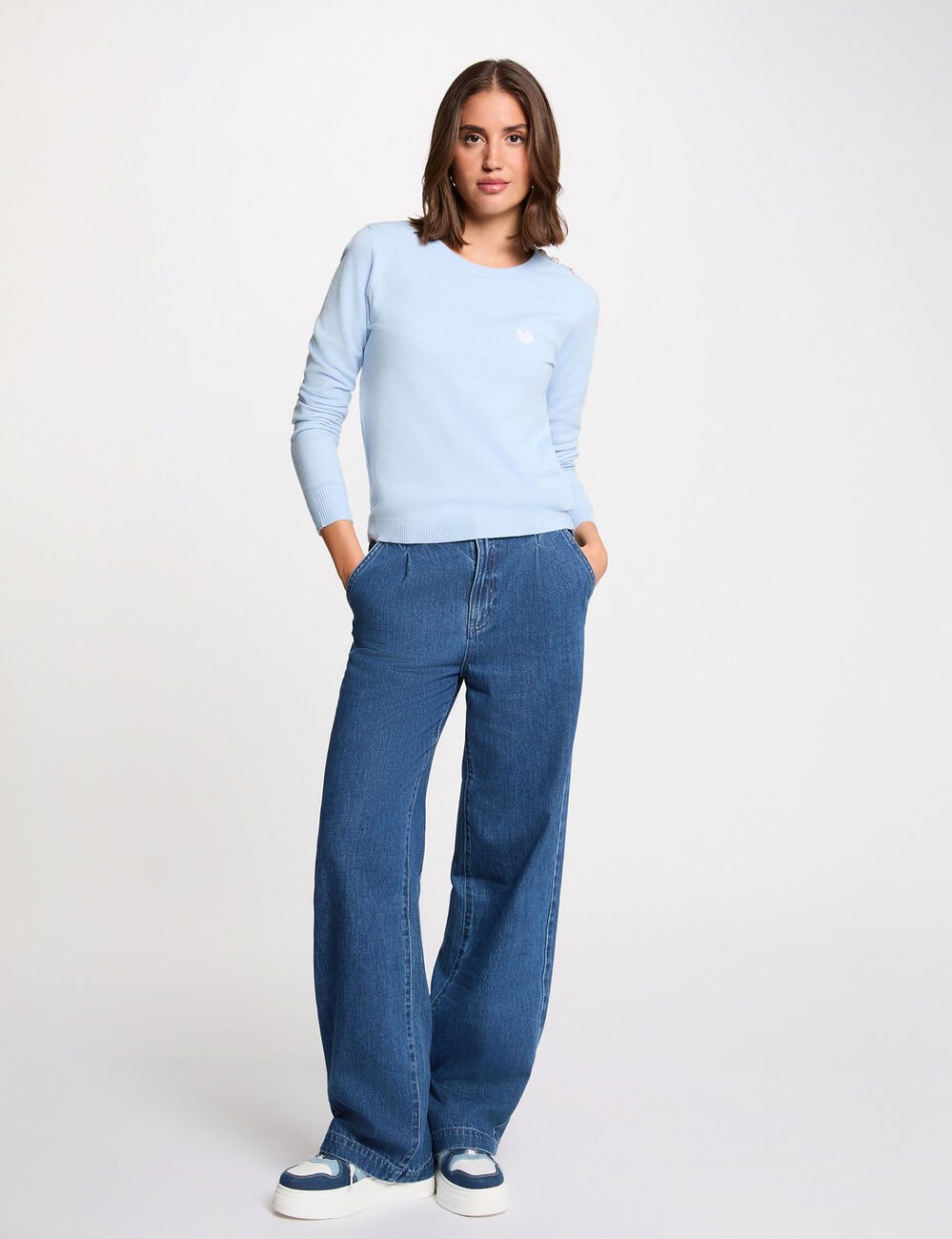 Trui met ronde hals en knopen hemelsblauw vrouw