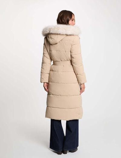 Doudoune longue ceintur&eacute;e beige femme