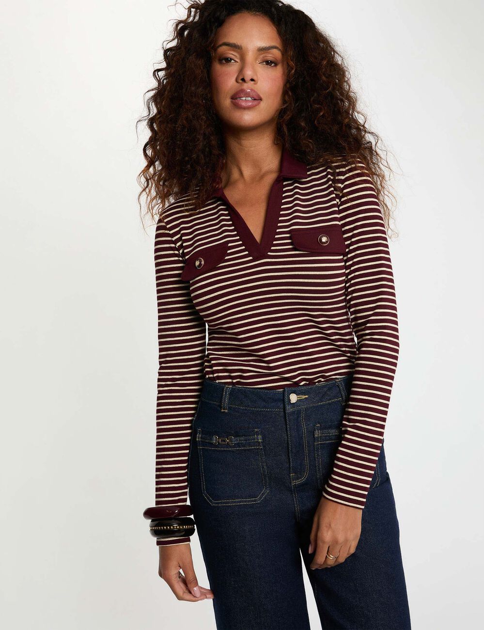 Polo manches longues ray&eacute; bordeaux femme