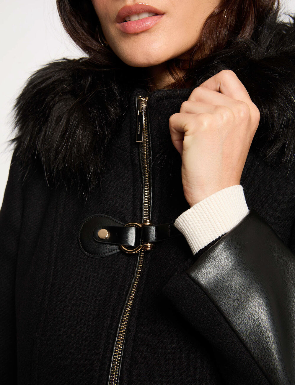 Manteau droit zippé à capuche noir femme