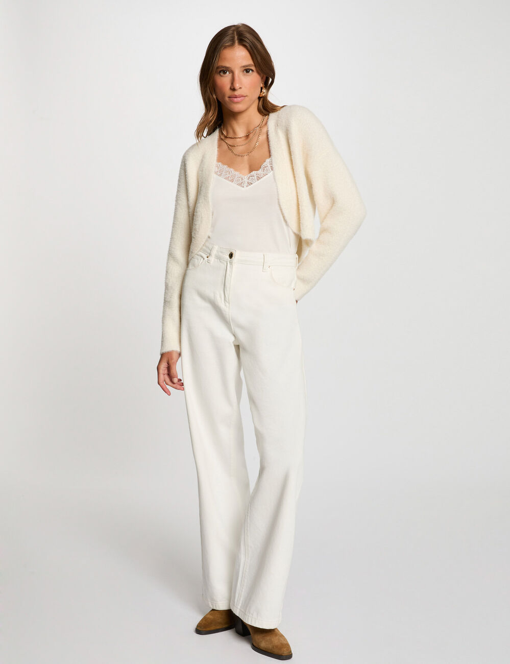 Gilet court manches longues ivoire femme