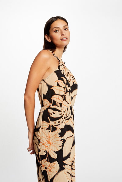 Robe longue droite imprimé végétal multico femme