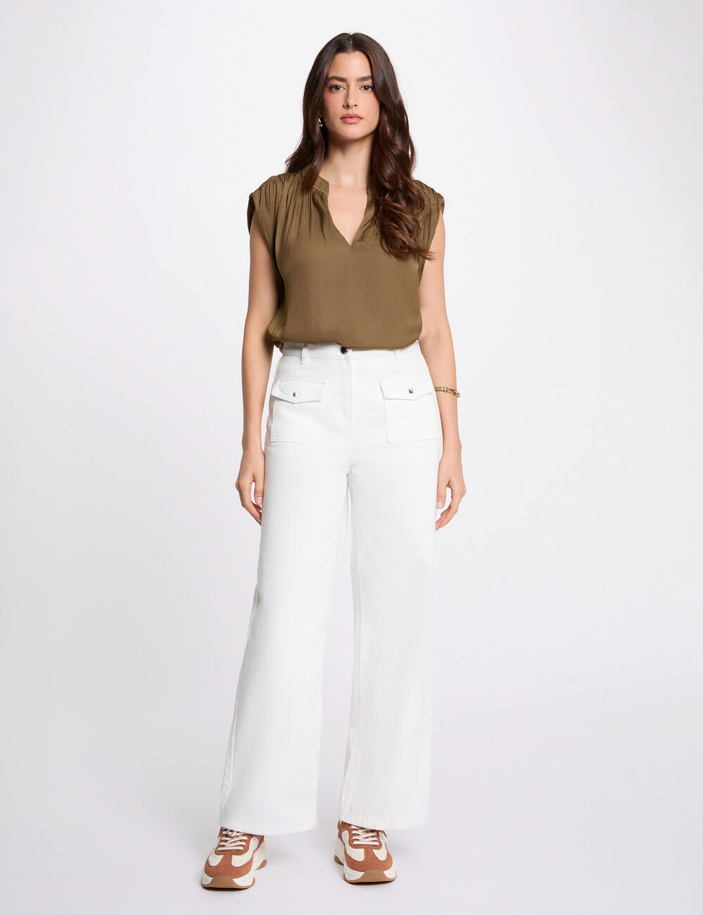 Blouse manches courtes satin vert kaki femme