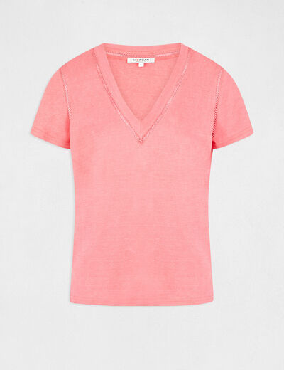 T-shirt met korte mouwen en V-hals roze vrouw