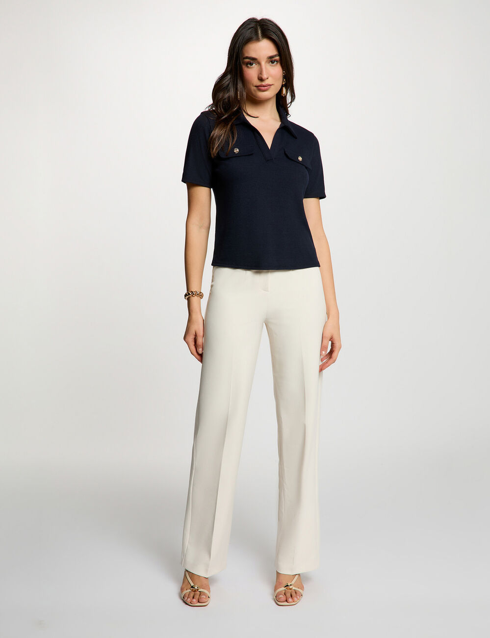 Pantalon droit &agrave; pinces creme femme