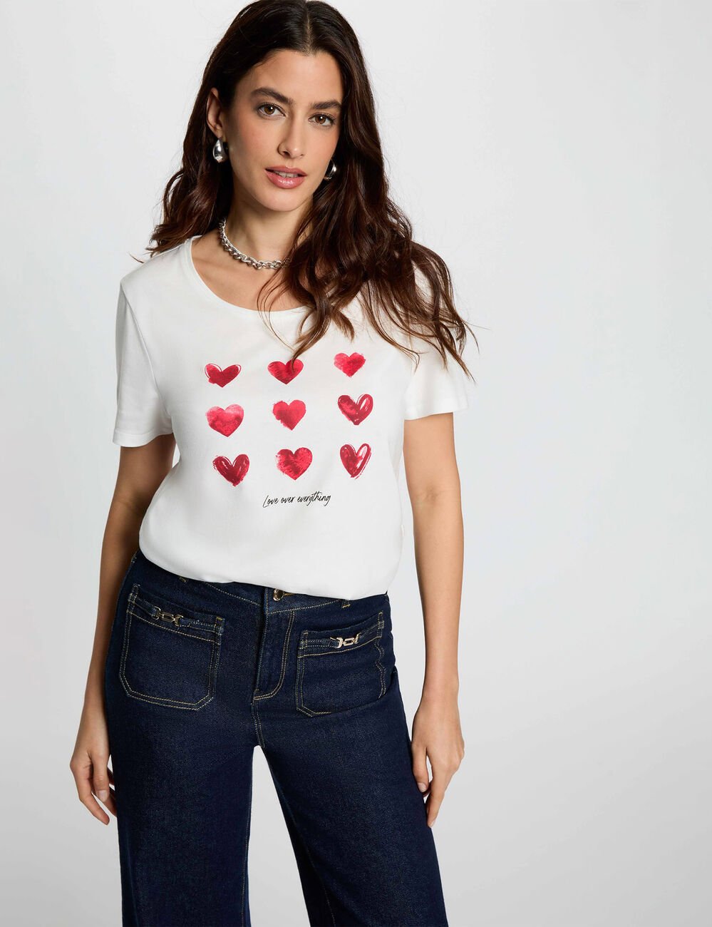 T-shirt met V-hals korte mouwen helder wit vrouw