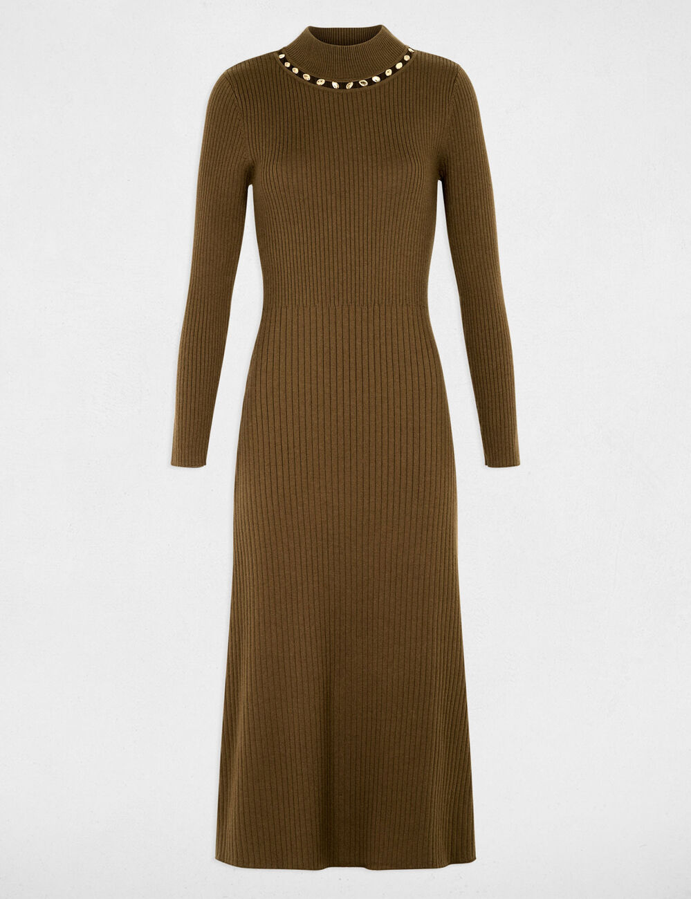 Robe tricot col chemin&eacute;e vert kaki femme
