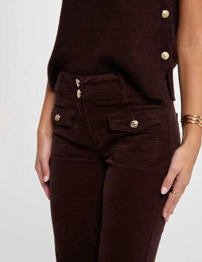 Pantalon ajust&eacute; velours marron fonc&eacute; femme