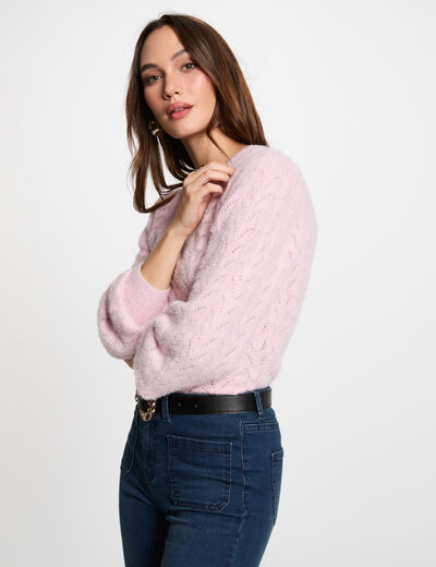 Pull col rond ajouré rose pastel femme