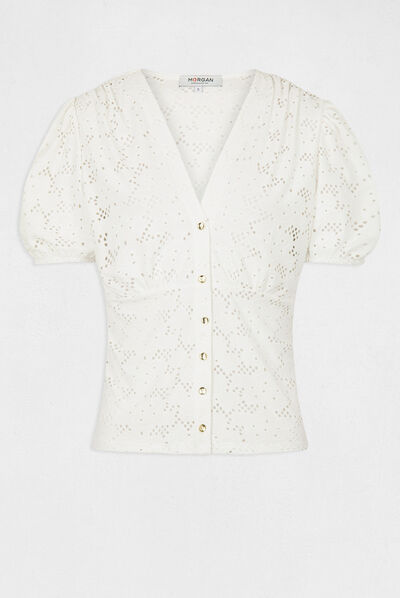 T-shirt manches courtes à broderie ecru femme