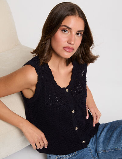 Gilet ajouré sans manches bleu marine femme