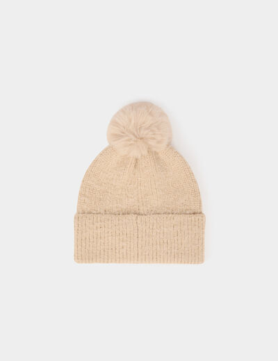Bonnet pompon beige femme