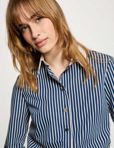 Chemise ray&eacute;e col contrastant bleu marine femme