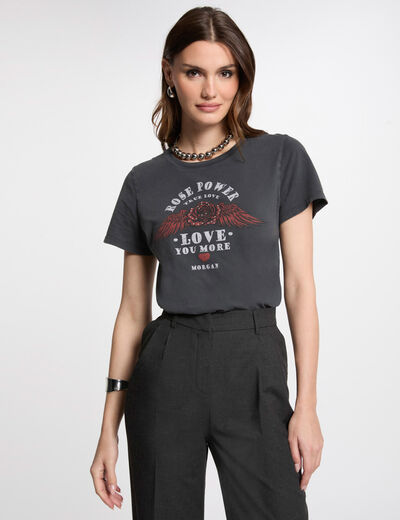 T-shirt à inscription gris foncé femme