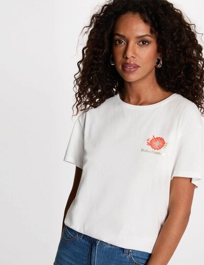 T-shirt imprim&eacute; col rond blanc femme